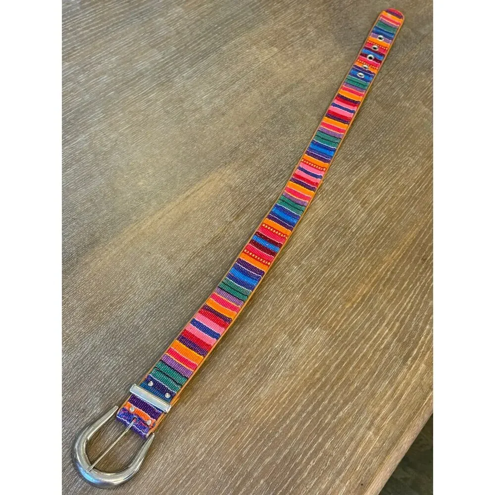 Vintage Bright  Multicolor Woven Leather-Backed Belt with Silver type Buckle